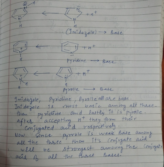 tnt :2+ a midazole) maa Base Eitut pyridine Base be pyrolle Base gmidazole, Pyridine, pyrolle all are base. Imidazole is most