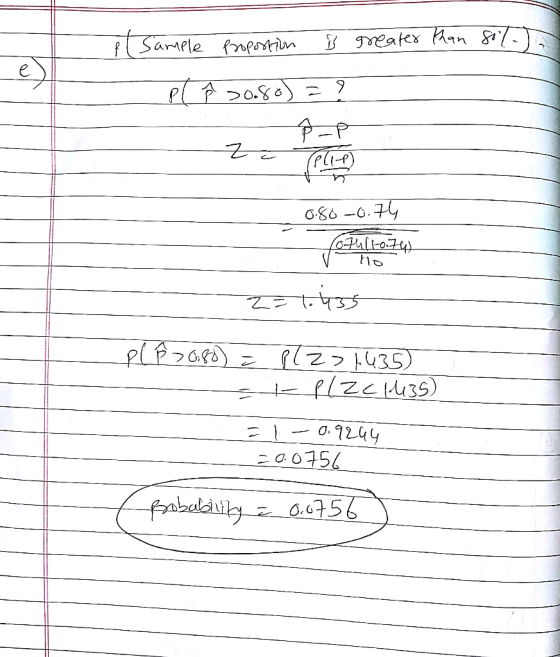Sample Proportion B greater than 80%. T PC A 20.8%) = ? PR - - Za Tele-P) 0.80 -0.74 lotu 1-0.74) ho 2 । प् – PC B 20:88) = P