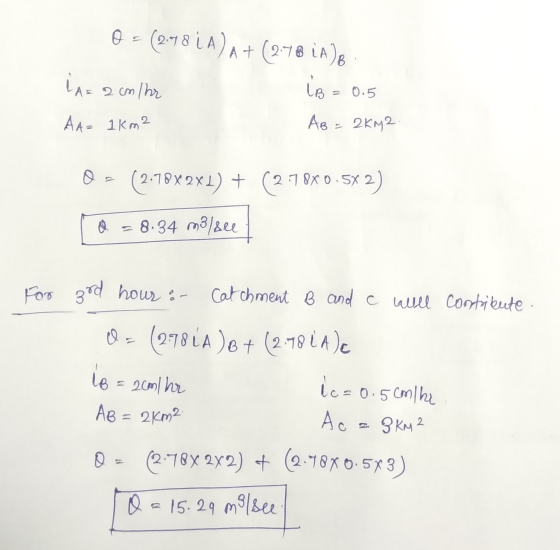 0 = (2-48 i A) A+ (2.78 ia) e LA = 2 cm Ihr At= 1km2 LB = 0.5 AB = 2 KM2. Q = (2.78X2X1) + (2.78X0.5X 2) rol = 8.34 m3/dee co