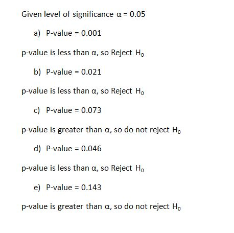 Given n level of significance a 0.05 a) P-value 0.001 p-value is less than α, so Reject Ho b) P-value 0.021 p-value is less t