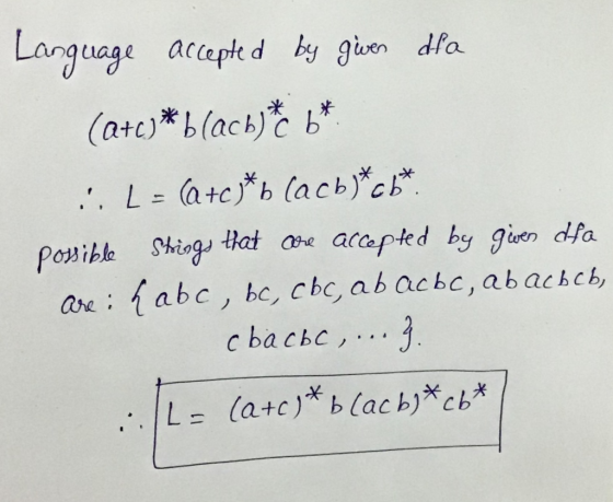 Language accepted by given dia (a+c)*b (ach)* b* L = (@+cj*b (acb)*cb*. possible Strings that are accepted by given da are: h