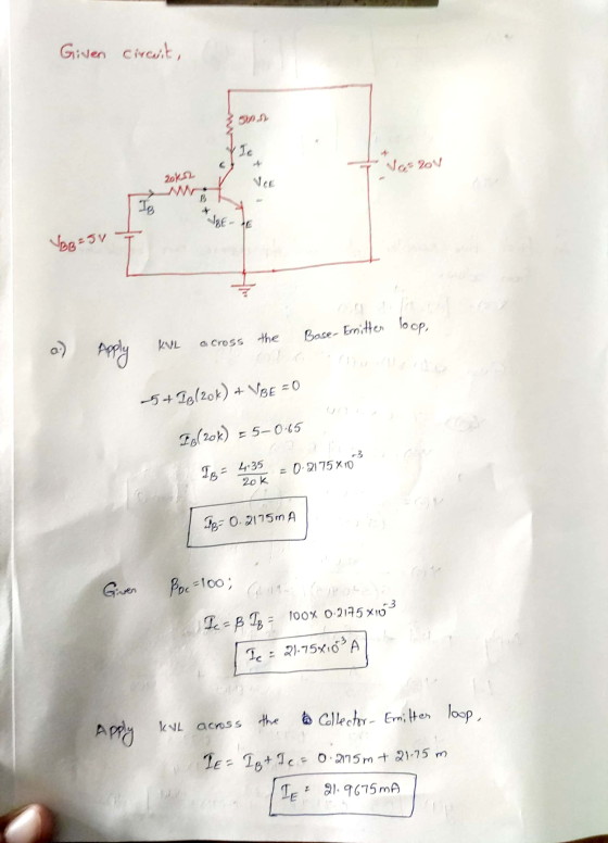 Given circuit, 5. Ic No 207 2012 B IB ABEE VBB=5v Bose- Emitter loop, KVL across the a) Apply -5+ 281201) + VBE = 0 Is(20k) =