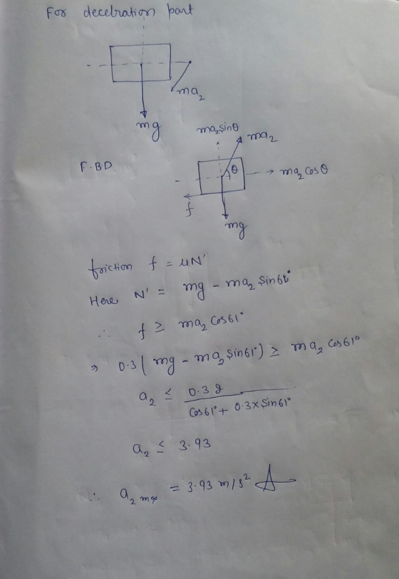 For decebration part ma mg masino maz F.BD ma coso f mg friction f = UN Here N = mg - masinot fa ma Cosolo 013 1 mg - mg si