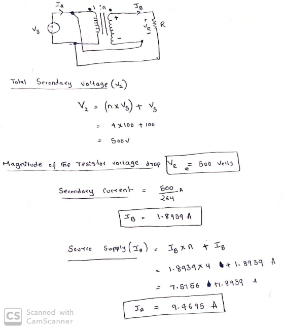 IA IB Total Secondary voltage (V2) (nx vs) + vs ป 4x100 + 100 Soov Magnitude of the resistor voltage drop Ve 600 Vous 500 A S