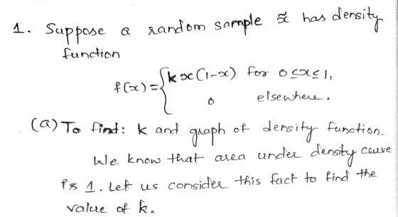 1. Suppose a random sample o has density function prask sc(1-) for oqsi, o elsewhere. (a) To find: k and graph of density fun