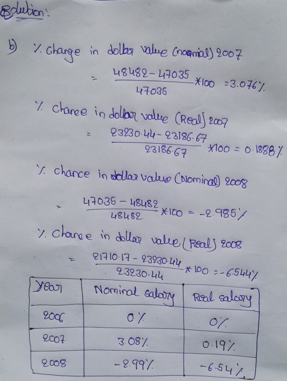 Solution b ) 7. Change in dollar value (noonial) 2007 48482-47035 -*100 23.0767 47035 %. chance in dollar value (Real) 2007