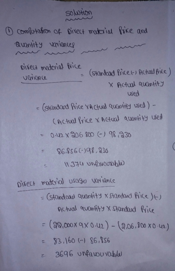solution computation of Direct material Price and Quantity variances Direct material Price variance (standard Pricet) Actual