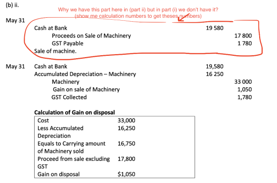 (b) ii. Why we have this part here in (part ii) but in part (i) we dont have it? (show me calculation numbers to get theses,