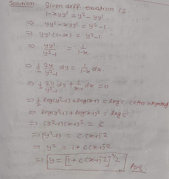 Solution. - - Given diff. cauction is. 1-rygl - y²– yyl. yyl-xeyyl=4²-1.. gylc1-a) - 9²-1. 5) gyl. 427 I n - l-ac. 2 dy = fad