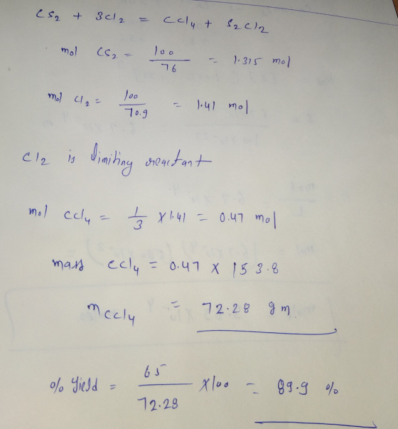 (S2 + 3Cl2 = Celut Sacla mol Co, - hoon - 1:35 mol mil ca 10 - 141 mol Cl2 is dimiting dontant mol cely - 13 x 1.41 = 0.47 mo