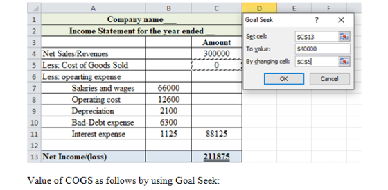 F X w NW E Goal Seek ? Set cell: $C$13 To value: $40000 By changing cell: $$s OK Company name Income Statement for the year e
