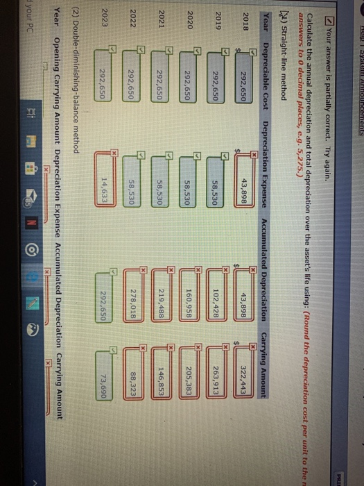 SYSannouncements PRI Your answer is partially correct. Try again. Calculate the annual depreciation and total depreciation ov