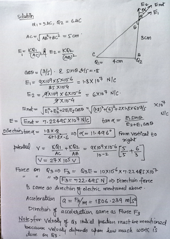 Er Enet Im 100 solution Q1 = 54C, Q2 = 64C 2 - AC=S ABS+ BC? :5cm 3cm E= KQ 1 C ACJ2 & E2 = KQZ (AB)2 H.Q2 x107 4cm Coso = (3
