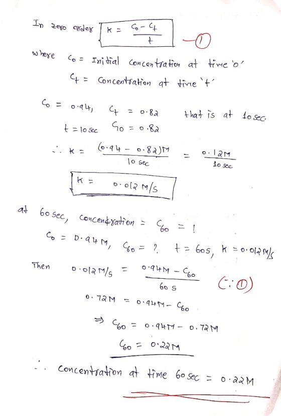 In zove tader I * = 65440 where co= Initial concentration at time of C = Concentration at tinet that is at 10 sec. co= 0.94,