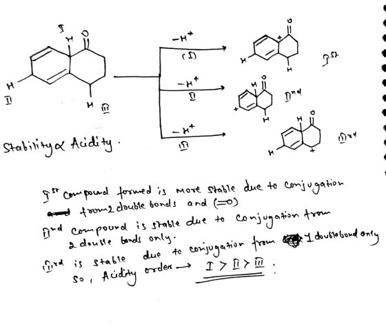 4 a I 77. Stabilitya Acidity. U Dot 94 compound forured is more stable due to conjugation cond from 2 double bonds and (=o) a