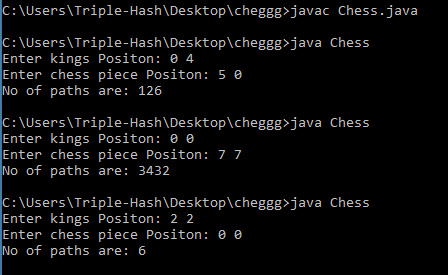 C:\Users\Triple-Hash\Desktop HomeworkLibg javac Chess.java :\Users\Triple-Hash\Desktop\HomeworkLibg java Chess Enter kings Positon: e 4 E