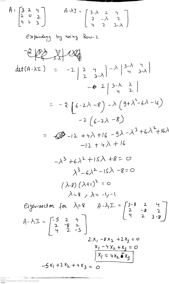 A - [3 2 4 A-NI- 2 sno 2 3 3-1 2 4 2 2 - 2 4 3.1 expanding by using Row-2 ape de det (A=XI) 113-1 て一 4 3-1 - -2/2 ulap +21342