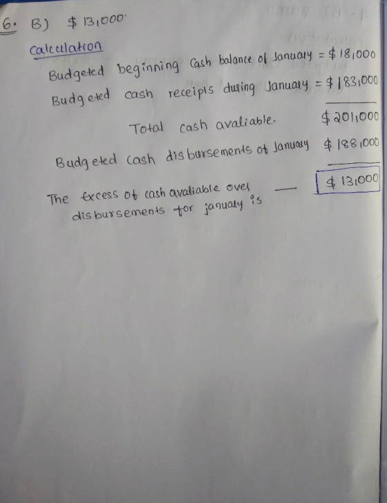 6. B) $13,000 calculation Budgeted beginning cash balance of January = $18,000 Budgeted cash receipts dusing January = $ 183,