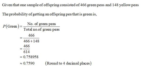 Given that one sample of offspring consisted of 466 green peas and 148 yellow peas The probability of getting an offspring pe