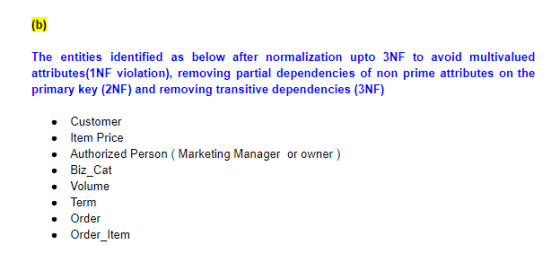 (b) The entities identified as below after normalization upto 3NF to avoid multivalued attributes(1NF violation), removing pa