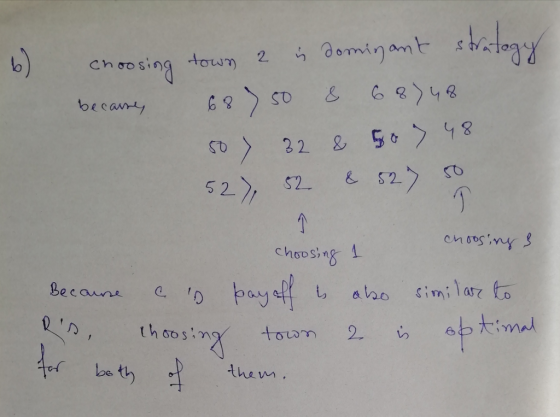 b) becamy choosing town 2 is dominant strategy 687 50 8 68748 so) 32 & 5o7 48 527 52 8 527 so choosing & choosing 1 Because a