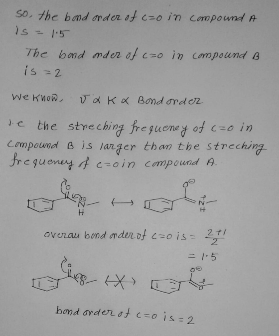 compound A so, the band order of c=o in is = 1.5 The bond onder of czo in is=2 compound B We know Jak & Bond order se the str