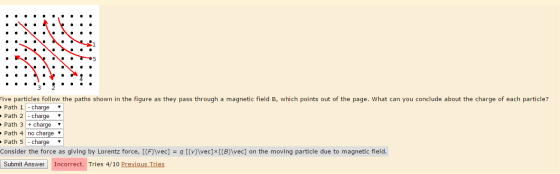Five particles follow the paths shown in the figur