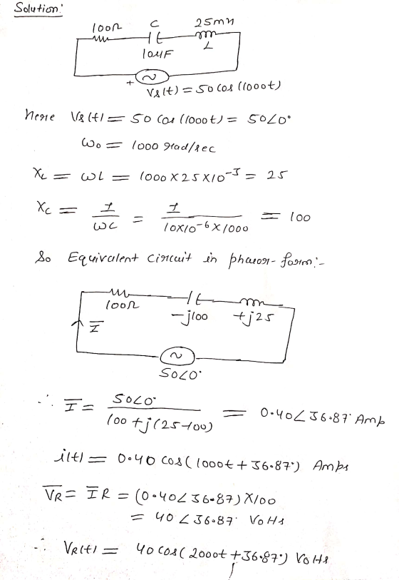 Solution loon 25mn int L | oxiF mm Volt) = 50 cos (1000t) herie V8 (41= 50 cos (1000t) = 50 20° Wo = 1000 glad/sec X = = 1000