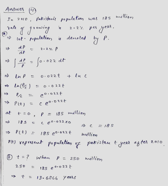 Answer 14 million 15 In 2010, Pakistans population was rate 2 • 2% let population is denoted g growing is per year. a by P.