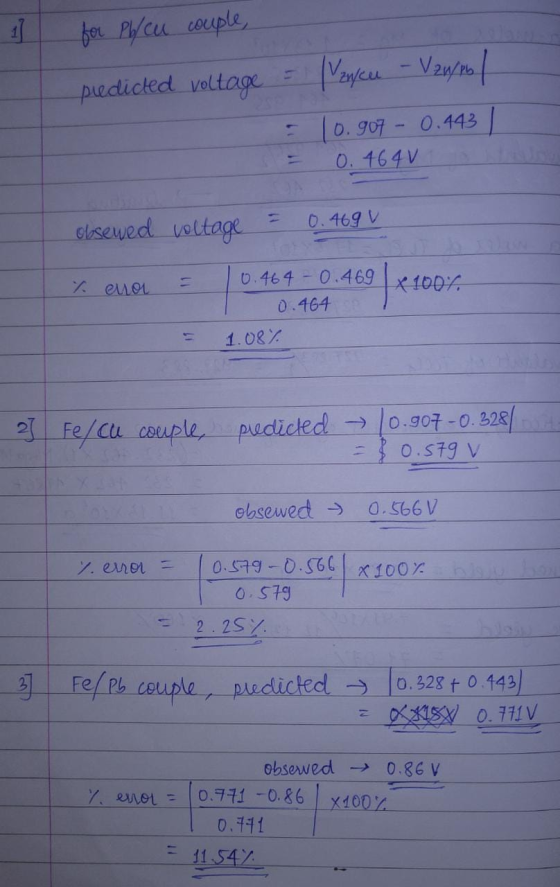 11 for Pl cu couple, predicted voltage Vzyou - Vawen I 10.907 - 0.443 ) 0.464 V otsewed voltage 0.469 V % enor x 100% 0.464 -