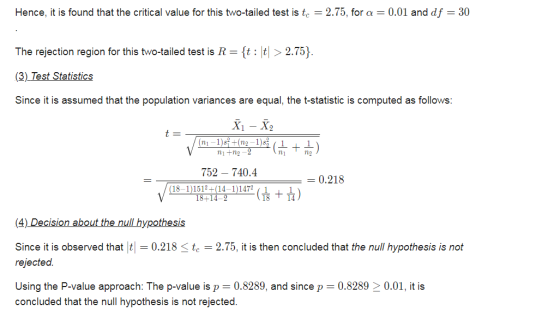 Hence, it is found that the critical value for this two-tailed test is to = 2.75, for a = 0.01 and df = 30 The rejection regi