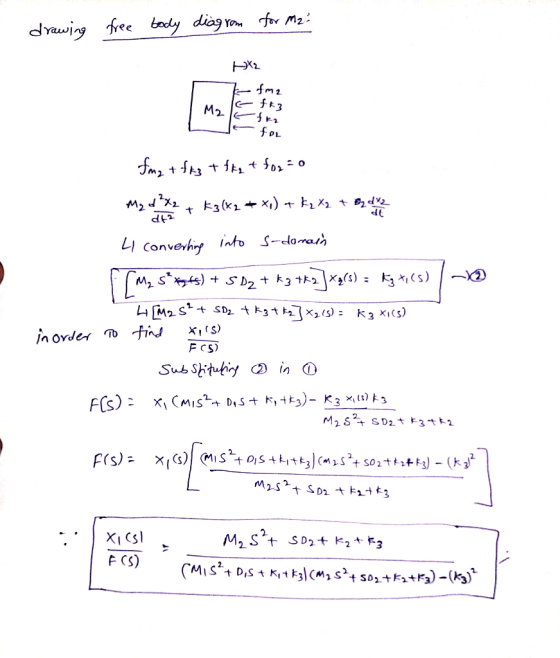 drawing free body diagro orom for M2 k fma M2 fk3 for fme +fts +ftet forro M2 d ²x₂ + K3(x2 + x) +k2X2 + B2d42 ett dt2 4 conv