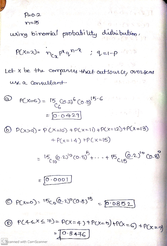 P=0.2 n=15 wsing binomial probability distribution, PCX=2)= inco peq n-a ; q-1-pa - Let x be the companies that outsource, ov