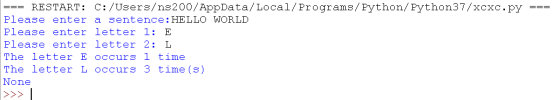=== RESTART: C:/Users/ns 200/AppData/ Local/Programs/ Python/Python37/xcxc.py Please enter a sentence: HELLO WORLD Please ent