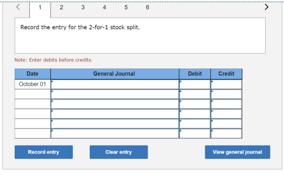 1 2 3 4 5 6 Record the entry for the 2-for-1 stock split. Note: Enter debits before credits. General Journal Credit Date Octo