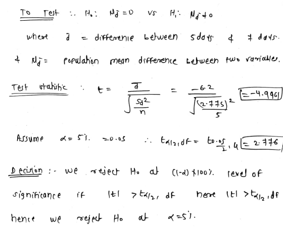To test i Hoi Mj = 0 vs Hi Mjito where a = difference between . 5 days ¢ 7 days. 4 Mja populahon mean difference between two