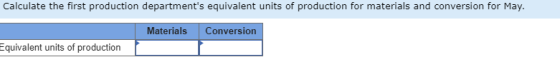 Calculate the first production departments equivalent units of production for materials and conversion for May. Materials Conversion Equivalent units of production