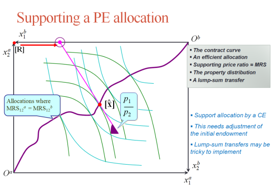 Supporting a PE allocation The contract curve An efficient allocation Supporting price ratioMRS The property distribution A lump-sum transfer 2 Allocations where MRS12a MRS2 12 2 Support allocation by a CE . This needs adjustment of the initial endowment Lump-sum transfers may be tricky to implement