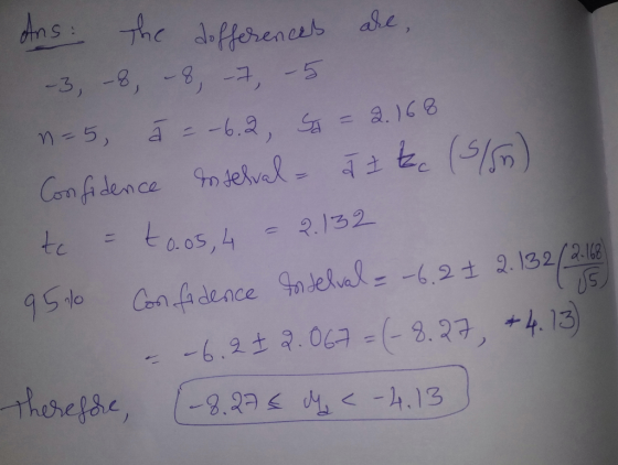 Ans: the differences are, -3,-8, 8, -7, -5 n=5, ã = -6.2 So = 2.168 Confidence Inselval - azte (5/5) te = toos,4 = 2.132 - 95