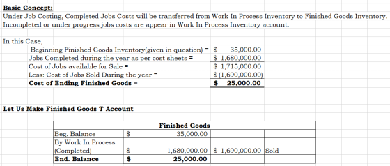 Basic Concept: Under Job Costing, Completed Jobs Costs will be transferred from Work In Process Inventory to Finished Goods I