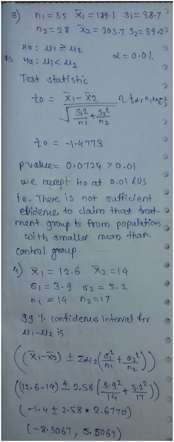 B Di= 35 X = 189.1 S = 38.7 12=28 X2 = 203.7 52=39022 L=0.01. HO: 11 = 42 Hall<ll2 Test statistic n taon, the to = XI-X2 S12+