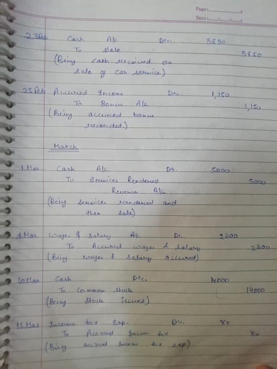 Page Date 23reb Cash 5850 5850 (Being Al Dale Lath received ข y car service) sale 25 Peb Accured Income Bonus Alc (Being accw