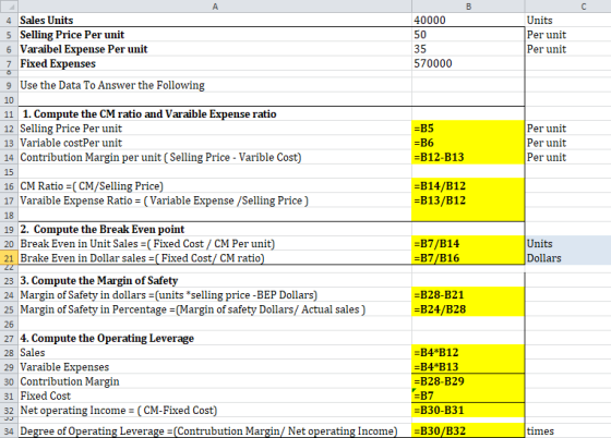 A B с 40000 50 35 570000 Units Per unit Per unit 4 Sales Units 5 Selling Price Per unit 6 Varaibel Expense Per unit 7 Fixed E