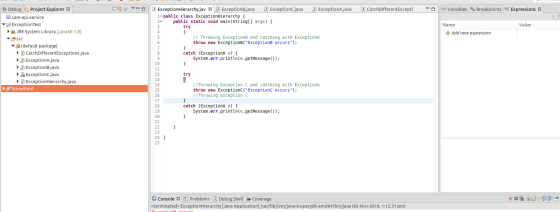 ExceptionA.java CatchDifferentExcepti - a (x)= Variables ® Breakpoints Go Expressions X ExceptionHierarchy.jav x ExceptionB.j