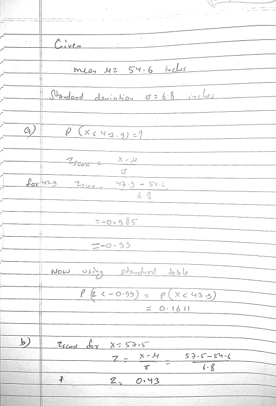 - Civen mian uz 54.6 inches Standard deviation 8.920 inches G (x247.9) 27 Istore = X-M for 42.5 Escoy 5.th 6.8 =-0.985 gs MON