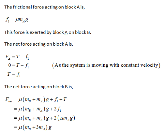 The frictional force acting on block Ais, f1 = {m_g This force is exerted by block A on block B. The net force acting on bloc