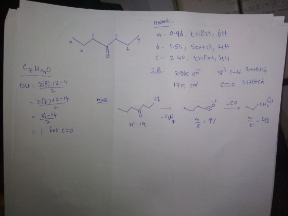 HNMR; a-0.96, triplet, 6H b- 1.55, Sextet, 4th - 2.40, triplet, 4H IR 2965 cm Sp3 C-H Stretch 1715 can to stretch C7 HIGO Du