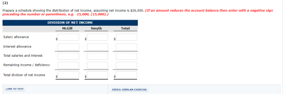 (2) Prepare a schedule showing the distribution of net income, assuming net income is $26,000. (If an amount reduces the acco
