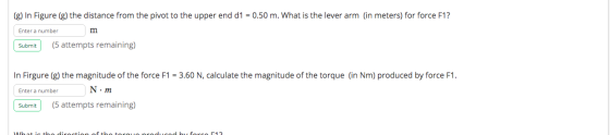 (g) In Figure (g) the distance from the pivot to the upper end d1 = 0.50 m. What is the lever arm (in meters) for force F1? E