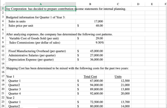 DEF 1 Jay Corporation has decided to prepare contribution income statements for internal planning. 3 Budgeted information for
